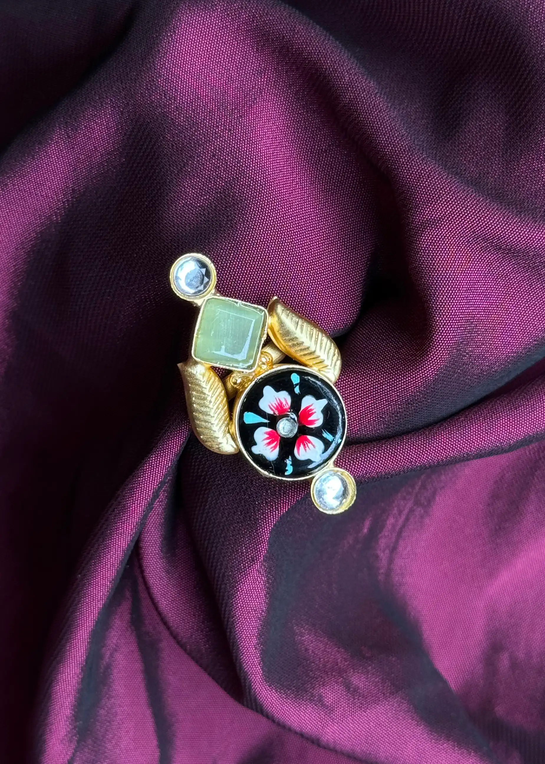 Adjustable Colorful Rajshahi Ring with Green Stone, Black Stone with Flower Design Image