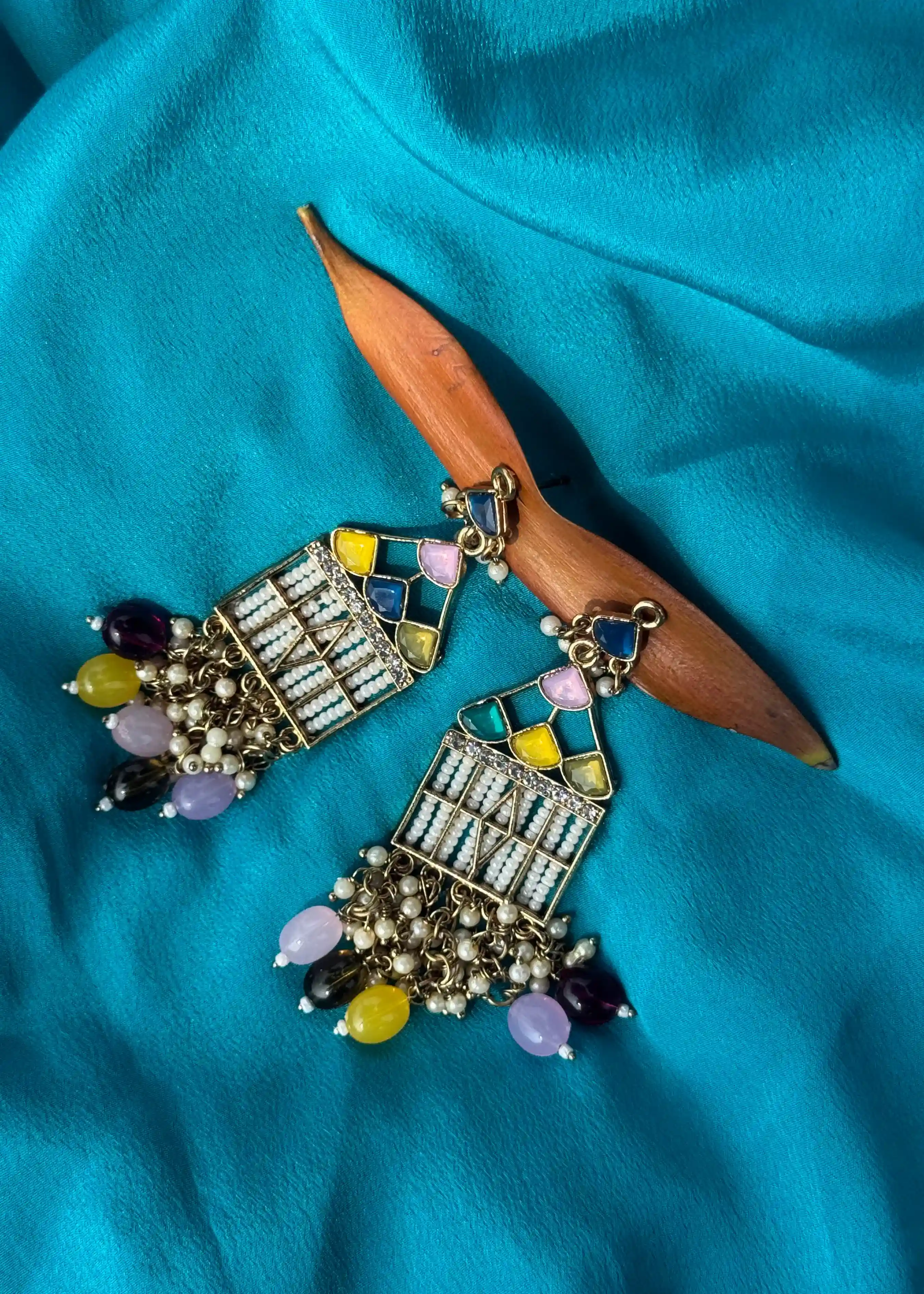 Ethnic Multi-Colour Jharokha Earrings with Pearls, Large Size Image