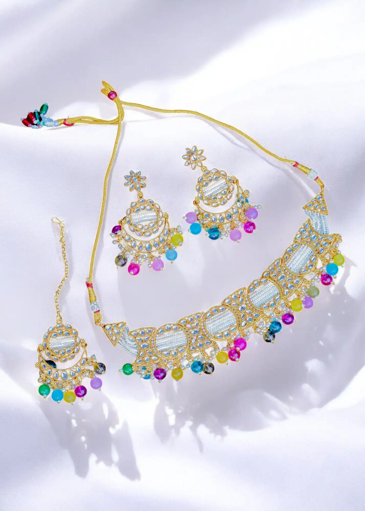 Kalyan Indian Traditional Necklace Set with Earrings and Maang Tikka - Hover Image