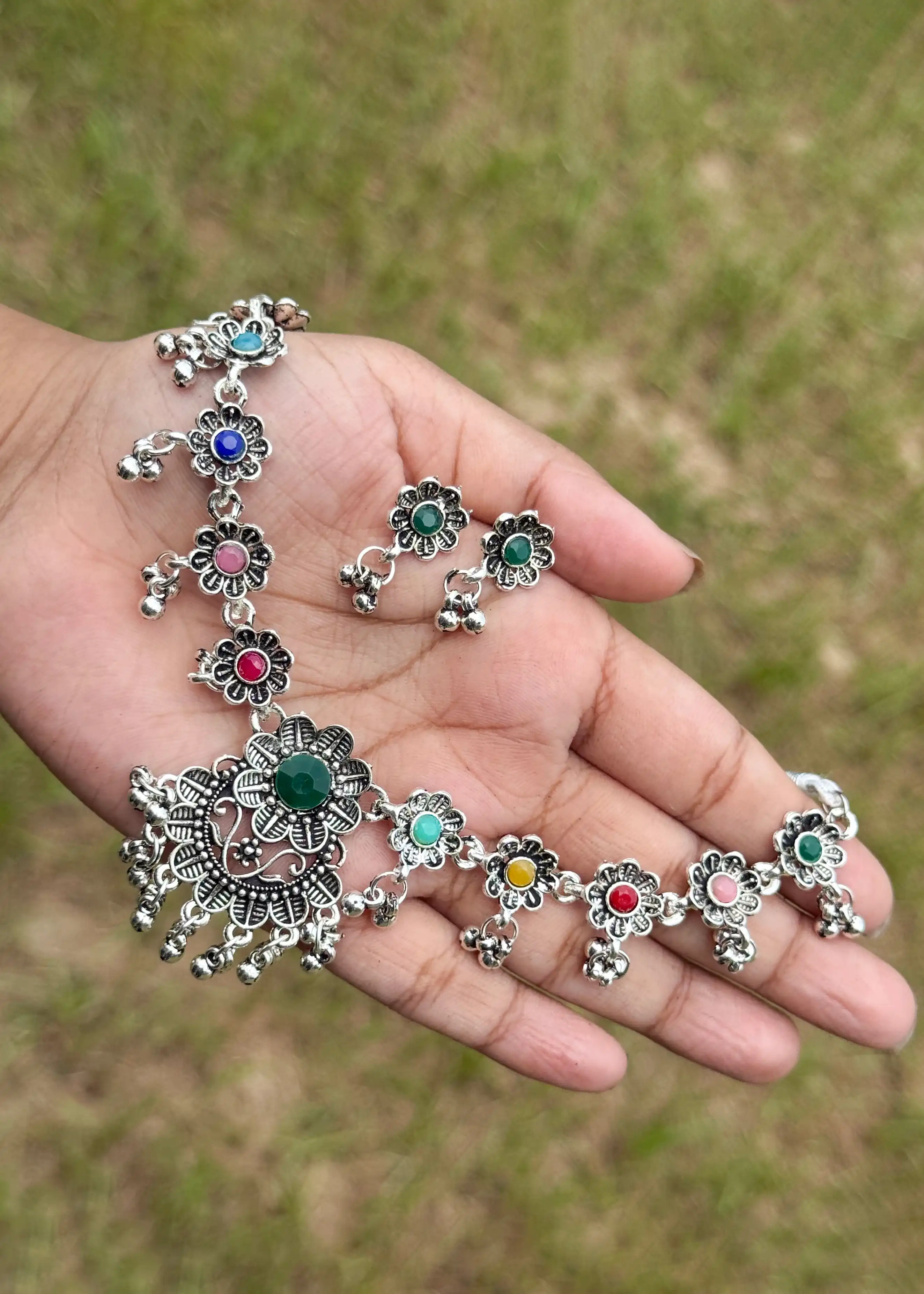 Pushp Traditional Necklace| With Earrings Set| Floral Design| Silver Necklace - Hover Image