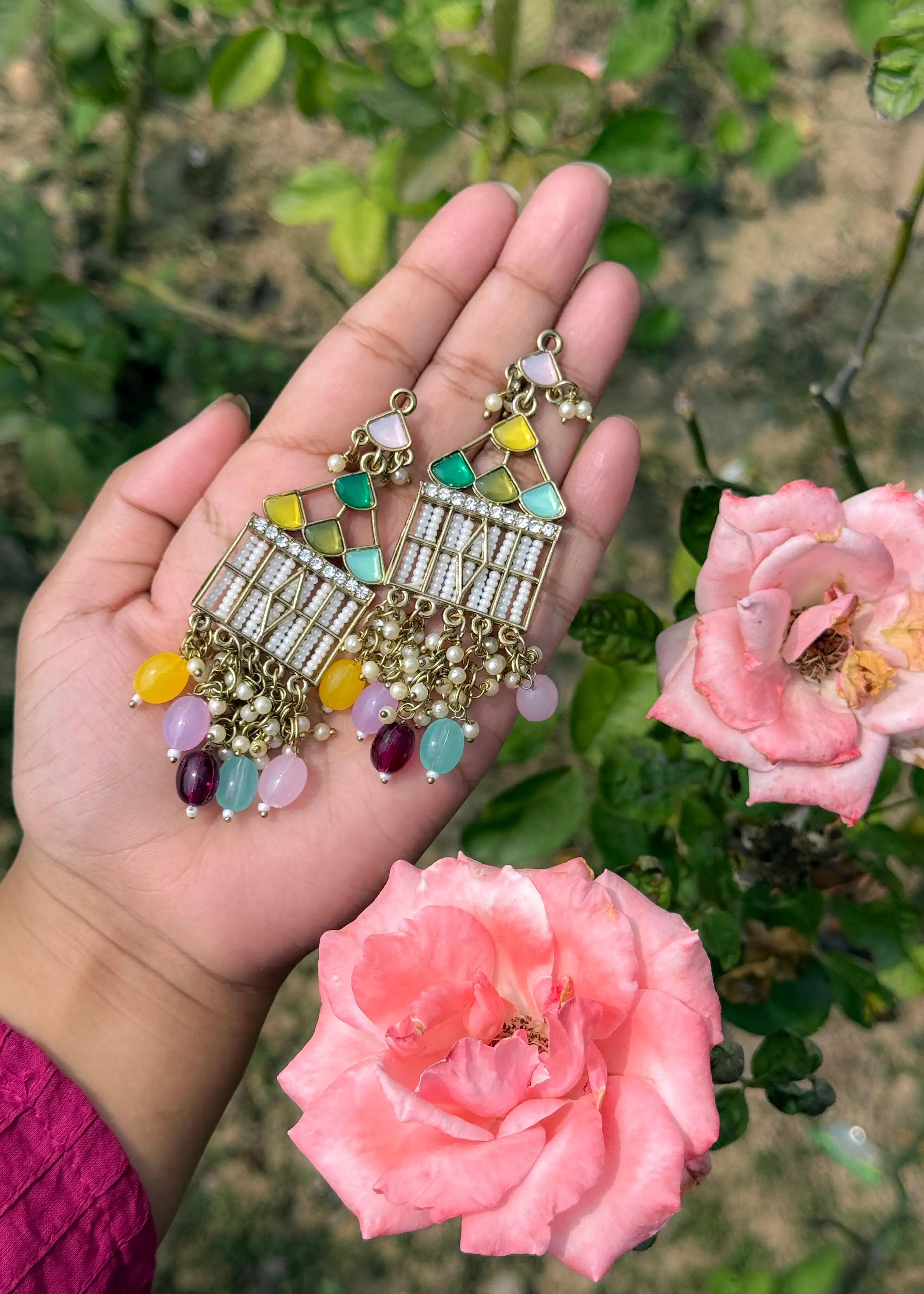 Ethnic Multi-Colour Jharokha Earrings with Pearls, Large Size - Hover Image