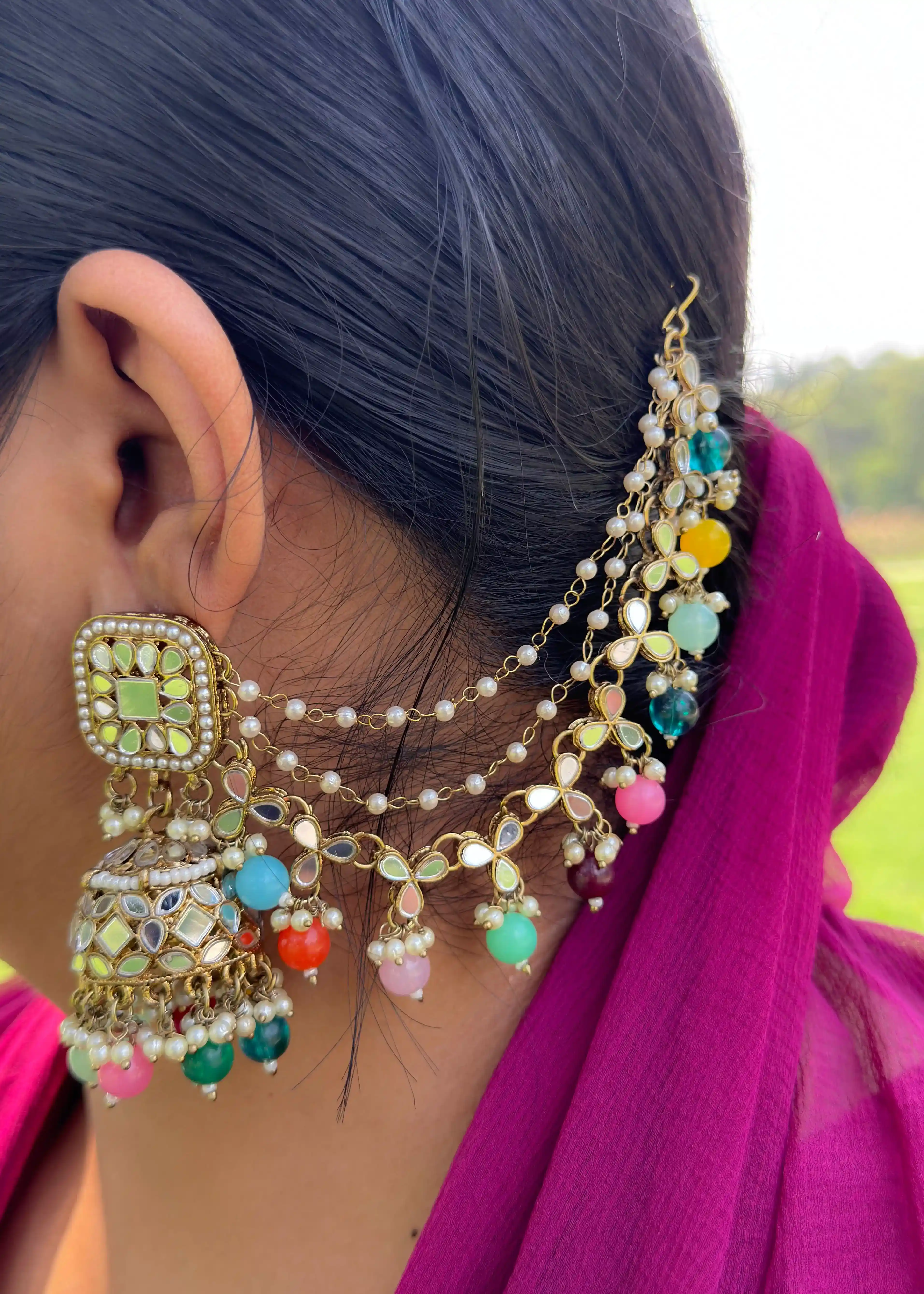 Bahuballi Earings| With Tikka Set| Festive Wear| Multicolor/Rose Gold/Turquoise| Big Sized Earring Image