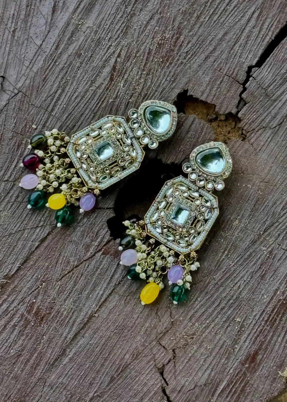 Ruhaani Earrings| Indian Earring| Ethnic Design| Big Size Earring| Mirror Work| Colourful Gemstones - Hover Image
