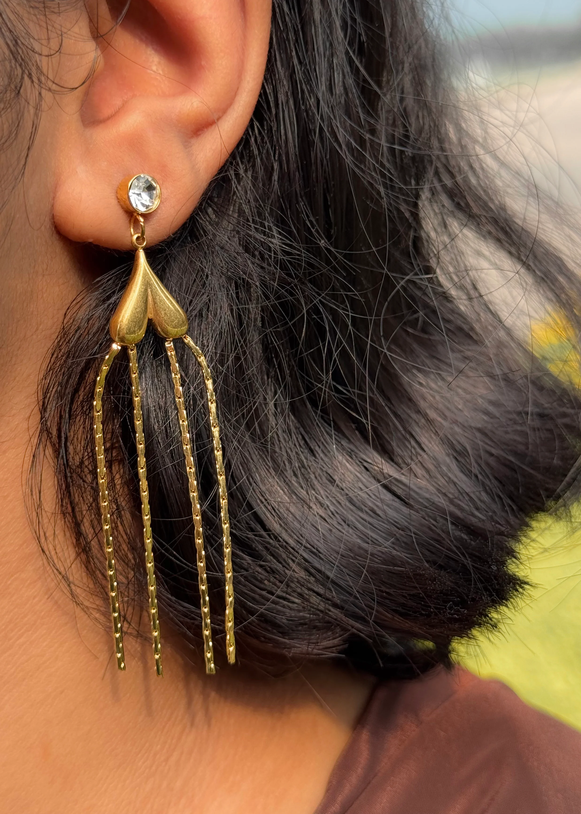 Heart Earrings with Chains| Golden Color| Anti Tarnish| Cute Earring - Hover Image