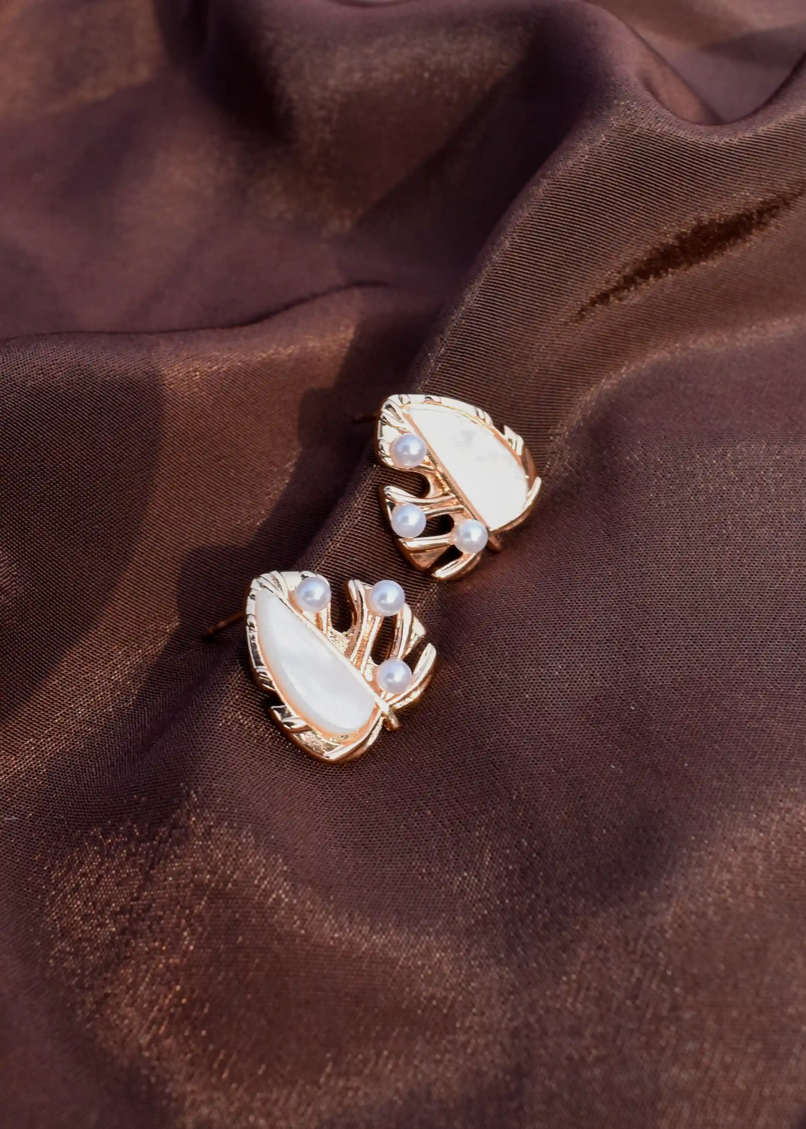Pearl Leaf Studs| Rose Gold| Half Heart and Half Leaf Design - Hover Image