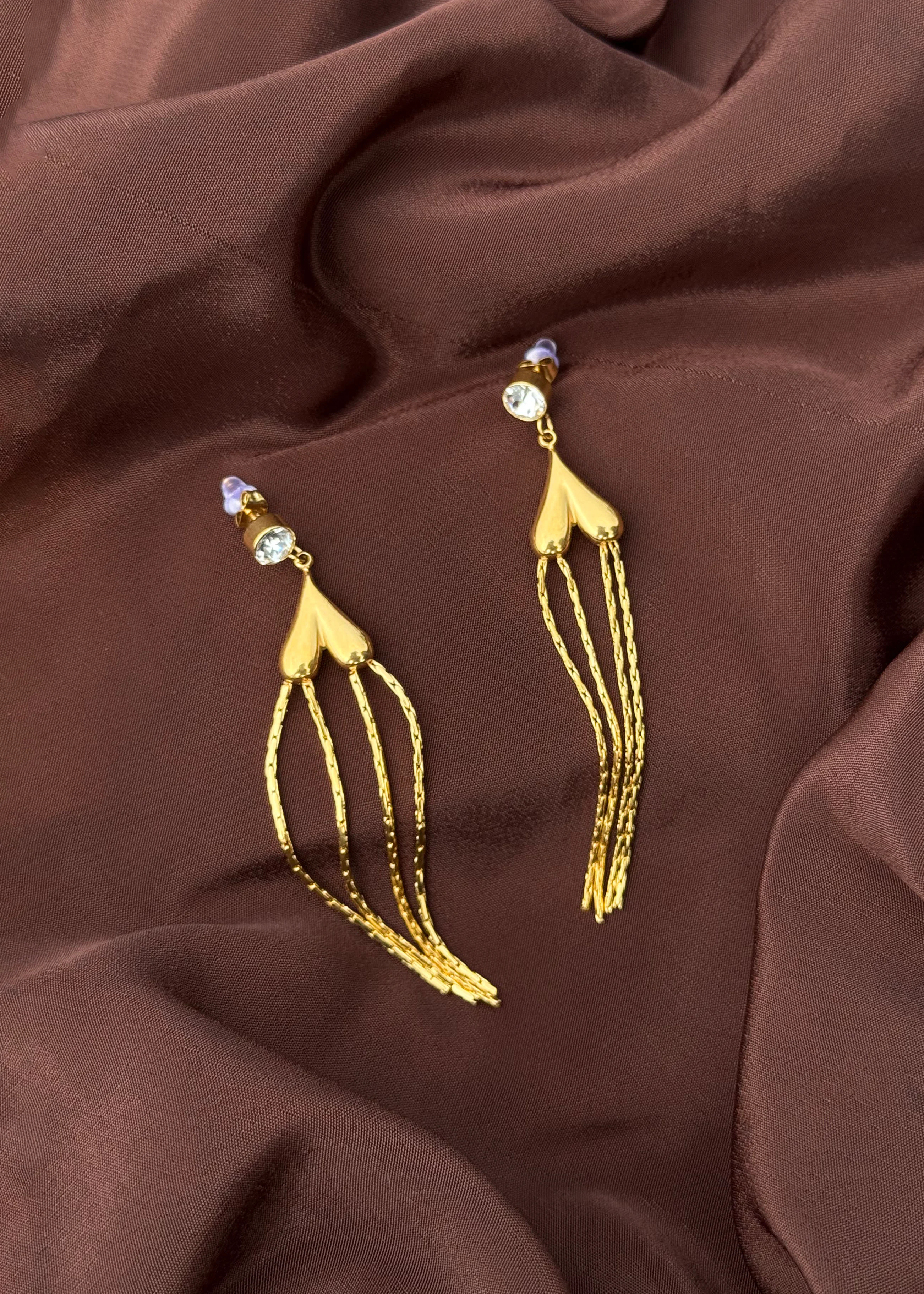 Heart Earrings with Chains| Golden Color| Anti Tarnish| Cute Earring Image