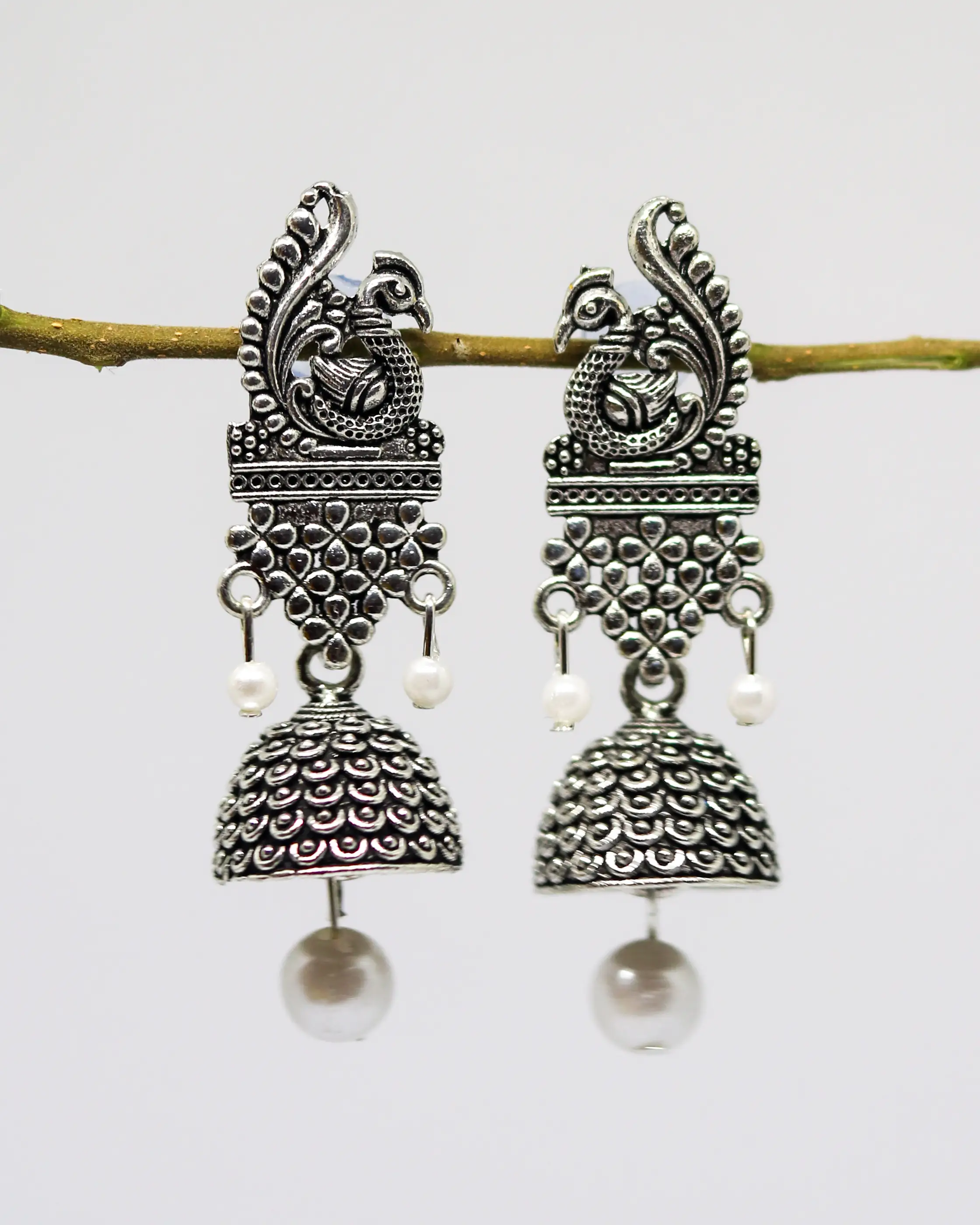 Chandani Jhumki| Peacock Design| Minimal Style Earrings| Silver Tone - Hover Image