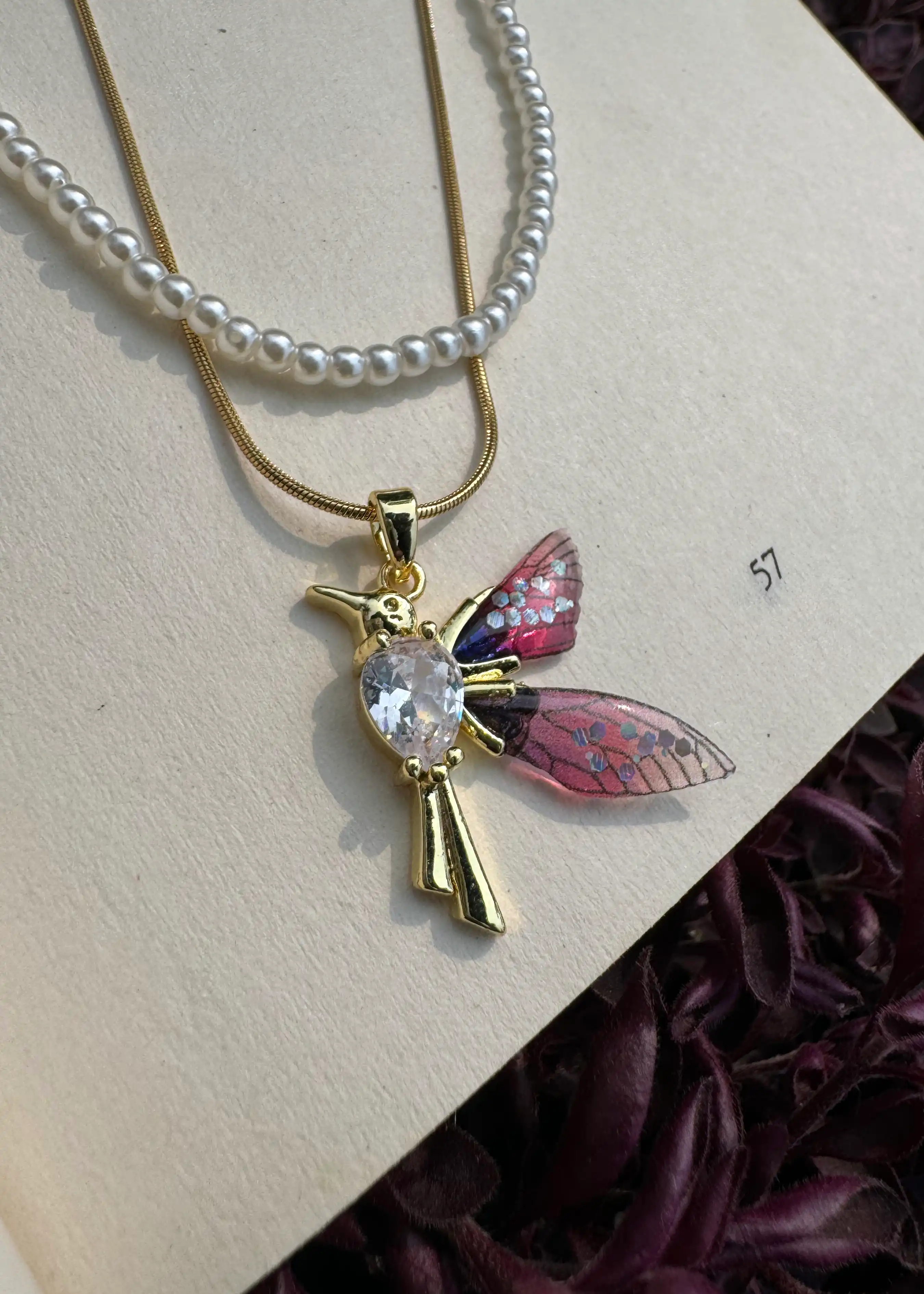 Bird Shape Golden Pendant| Anti Tarnish| Necklace with White Pearls - Hover Image