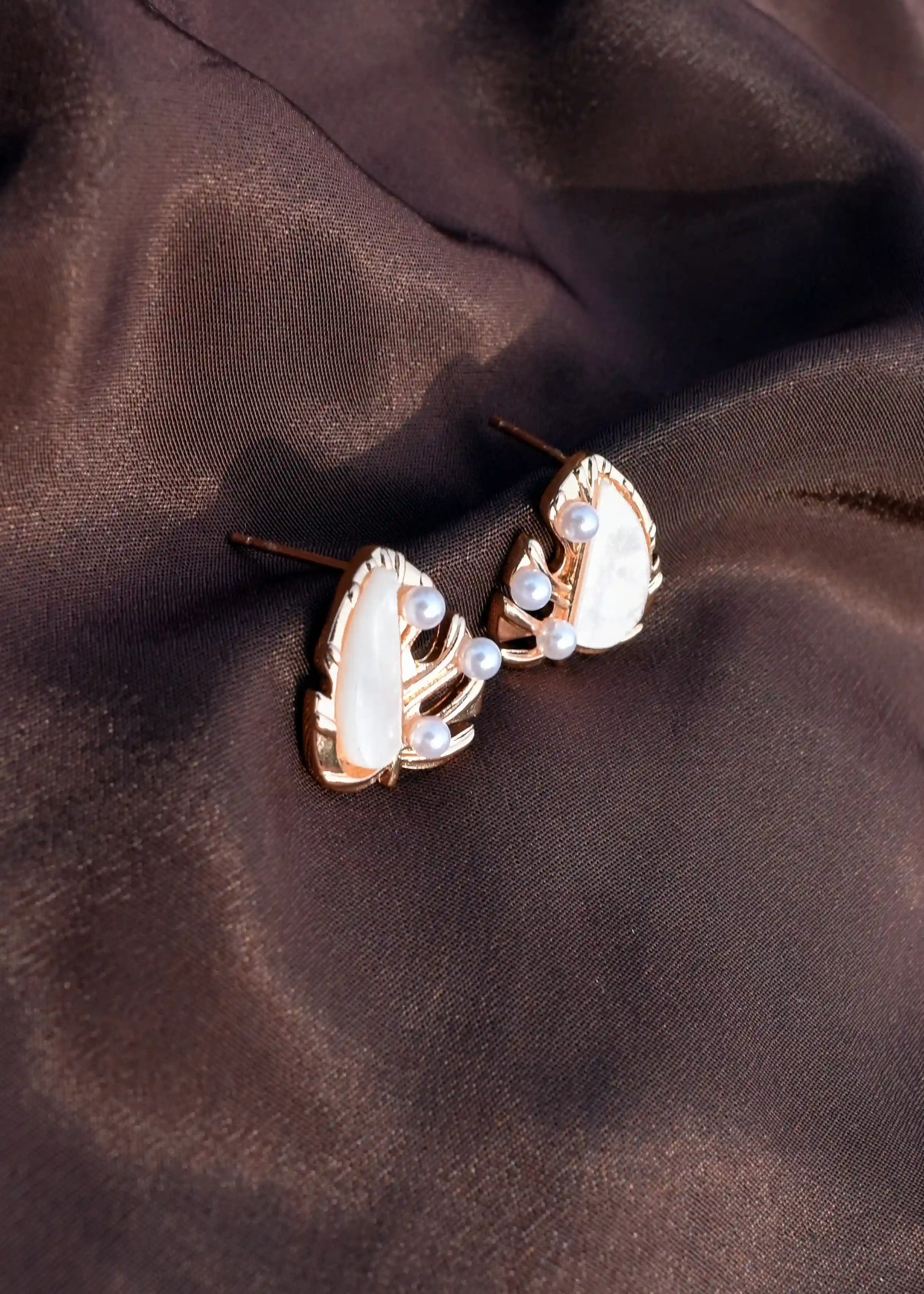 Pearl Leaf Studs| Rose Gold| Half Heart and Half Leaf Design Image