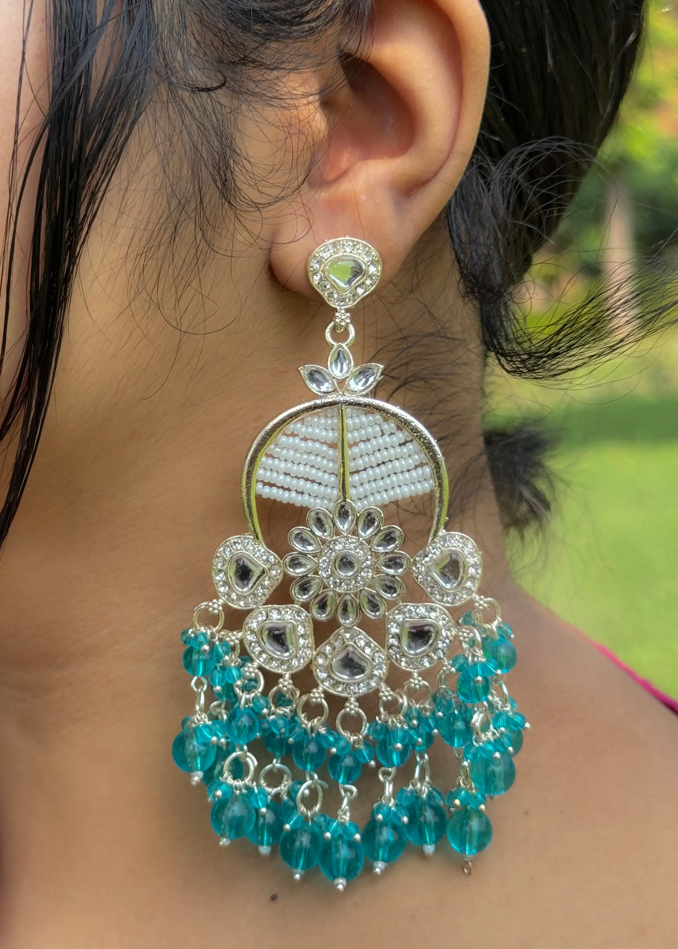 Motiya Earrings| Ethnic Design| Big Size| Beads and Pearls - Hover Image
