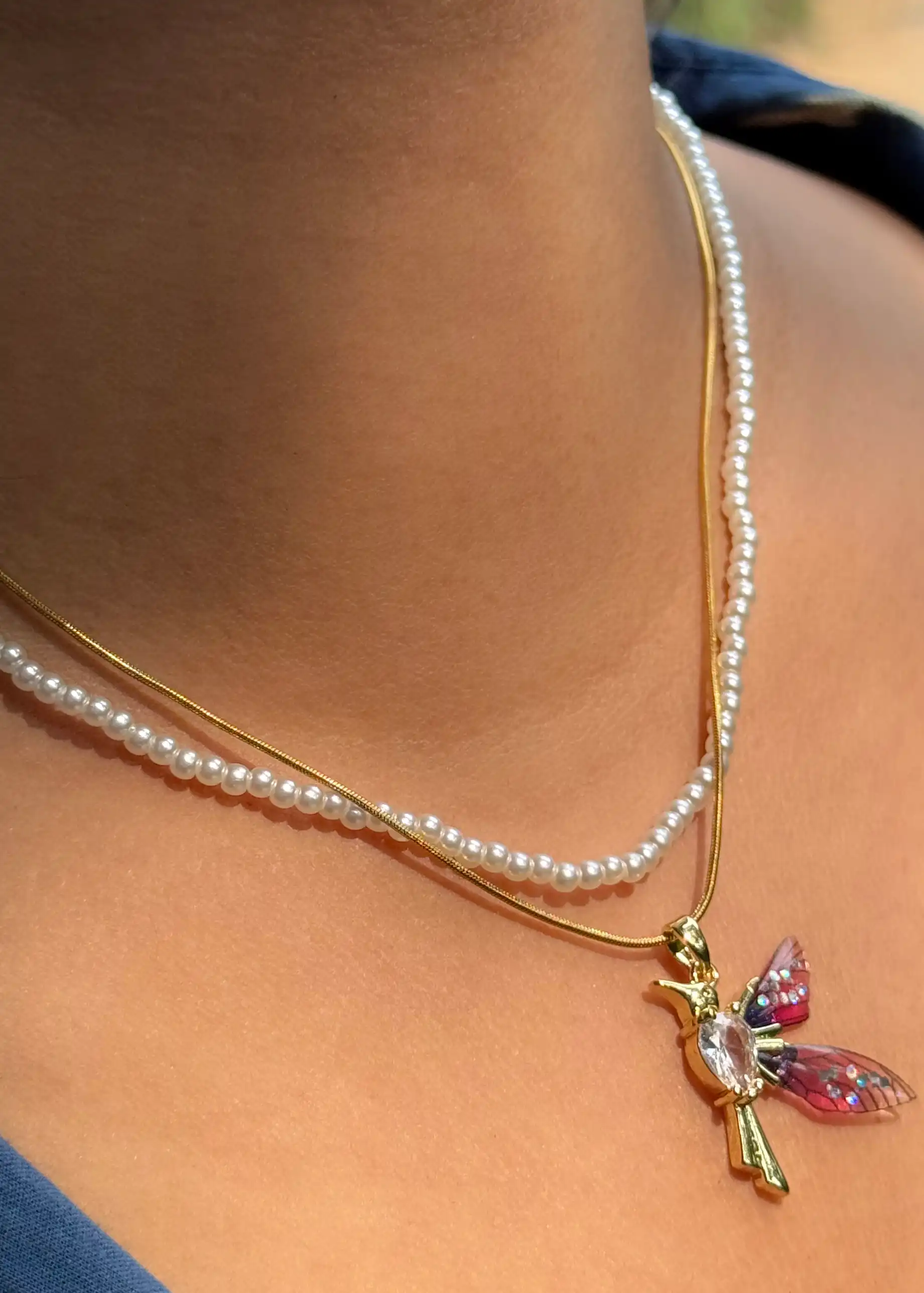 Bird Shape Golden Pendant| Anti Tarnish| Necklace with White Pearls Image