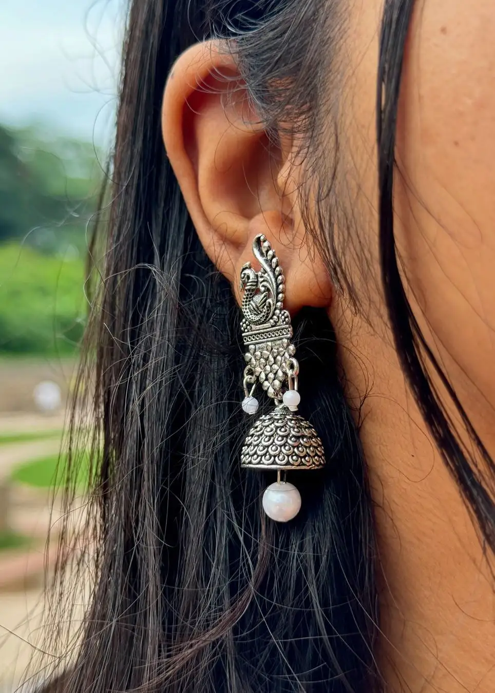 Chandani Jhumki| Peacock Design| Minimal Style Earrings| Silver Tone Image