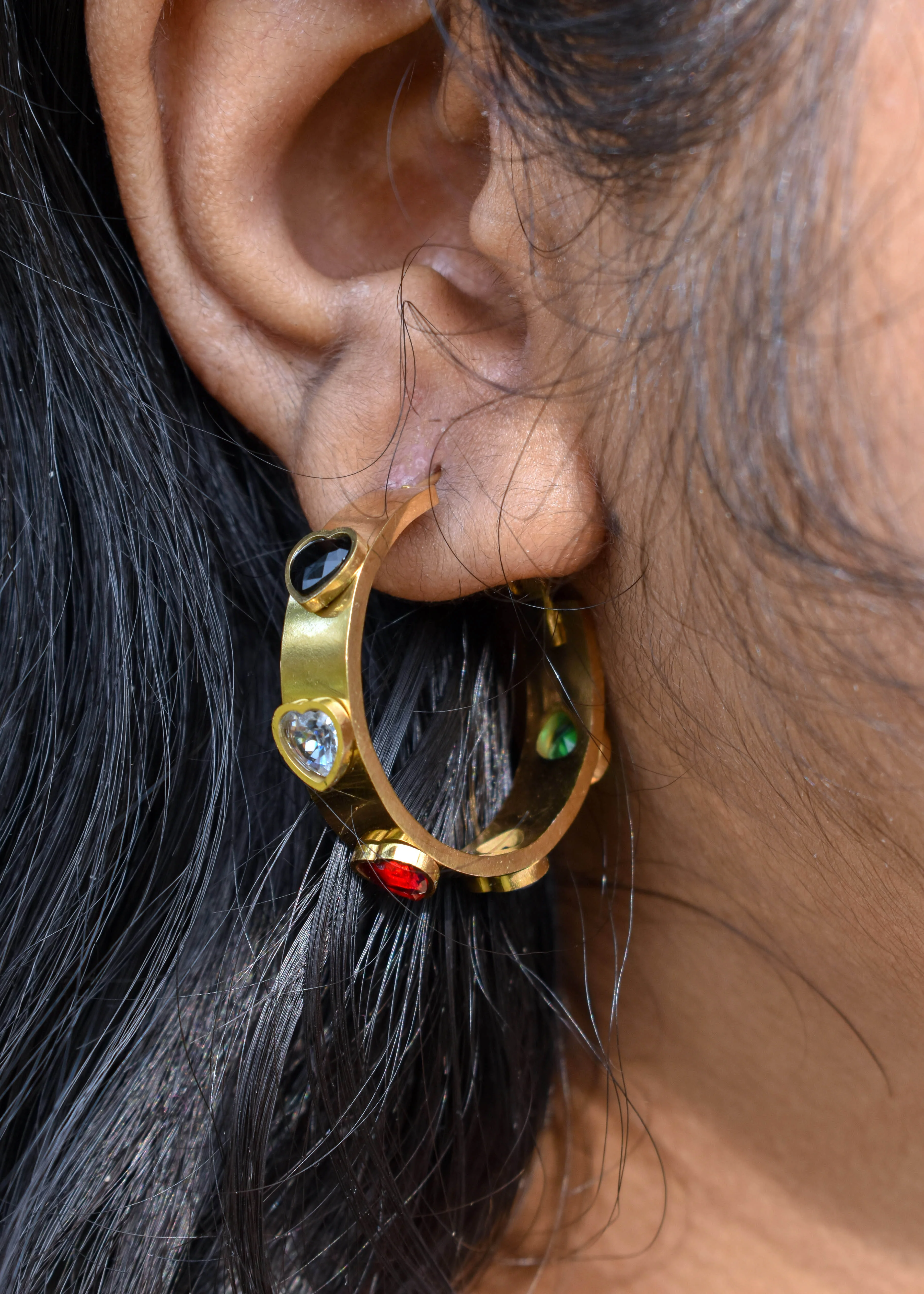 Golden Multicolor Heart Hoops| Anti Tarnish - Hover Image