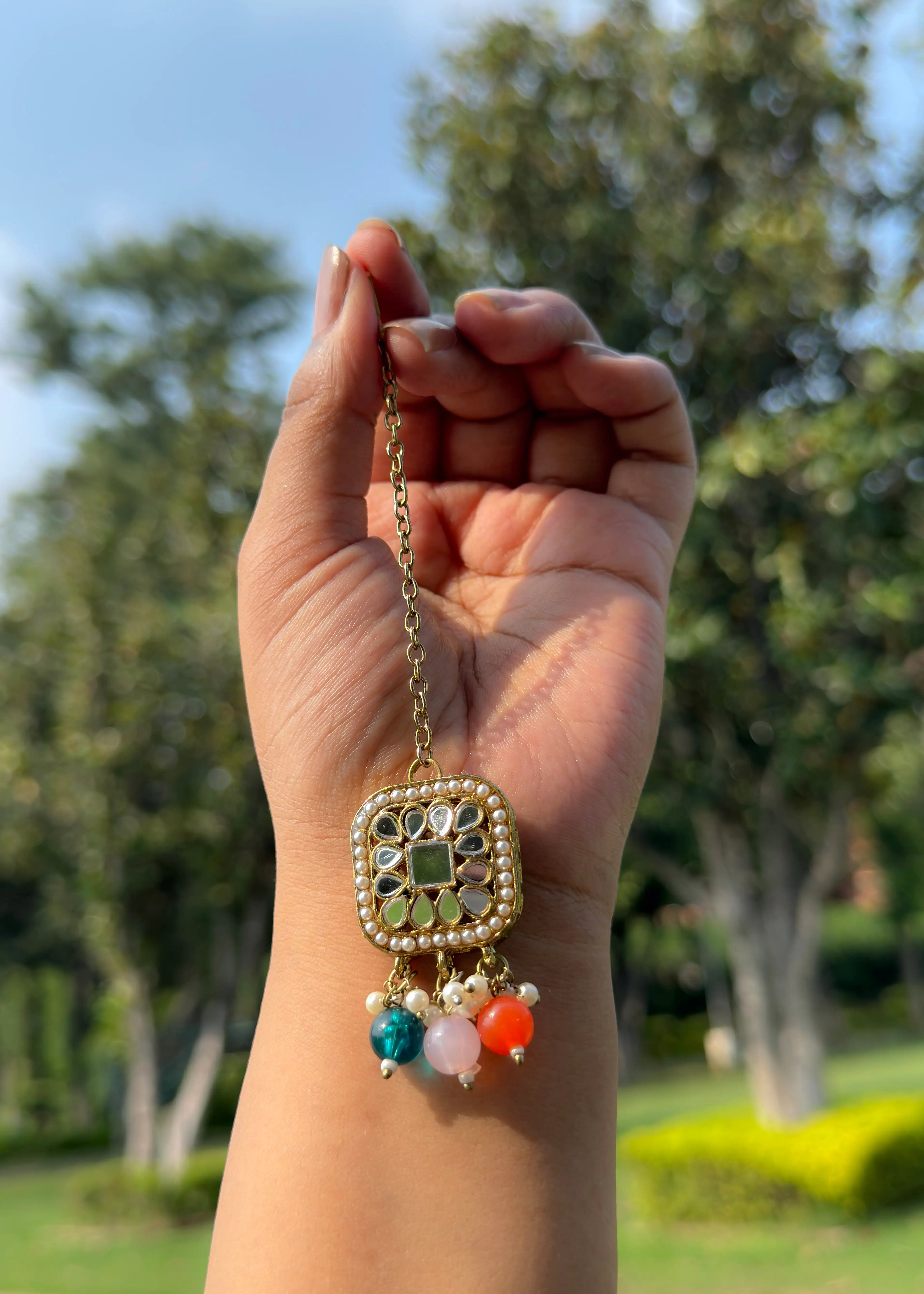 Bahuballi Earings| With Tikka Set| Festive Wear| Multicolor/Rose Gold/Turquoise| Big Sized Earring - Hover Image
