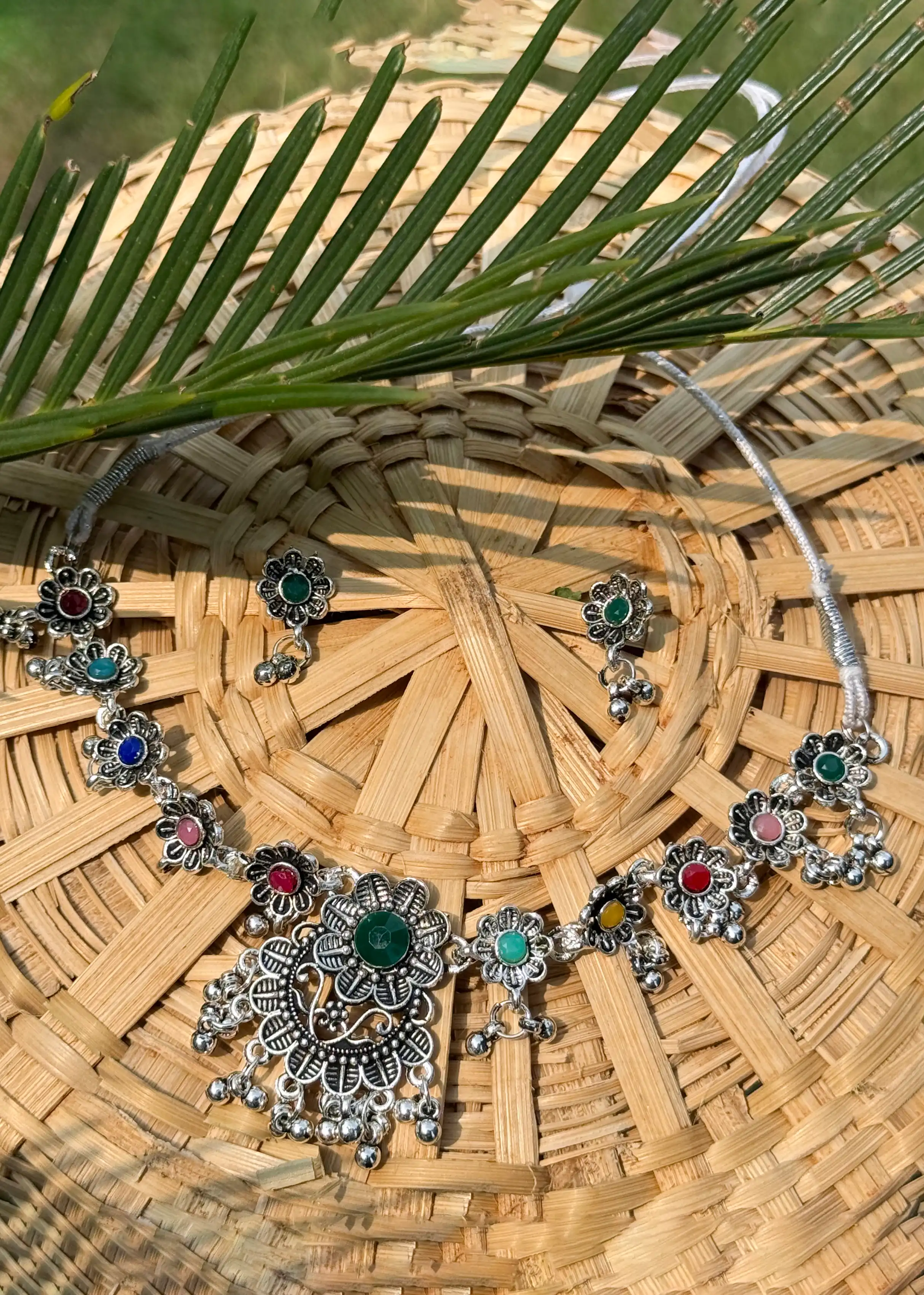 Pushp Traditional Necklace| With Earrings Set| Floral Design| Silver Necklace Image