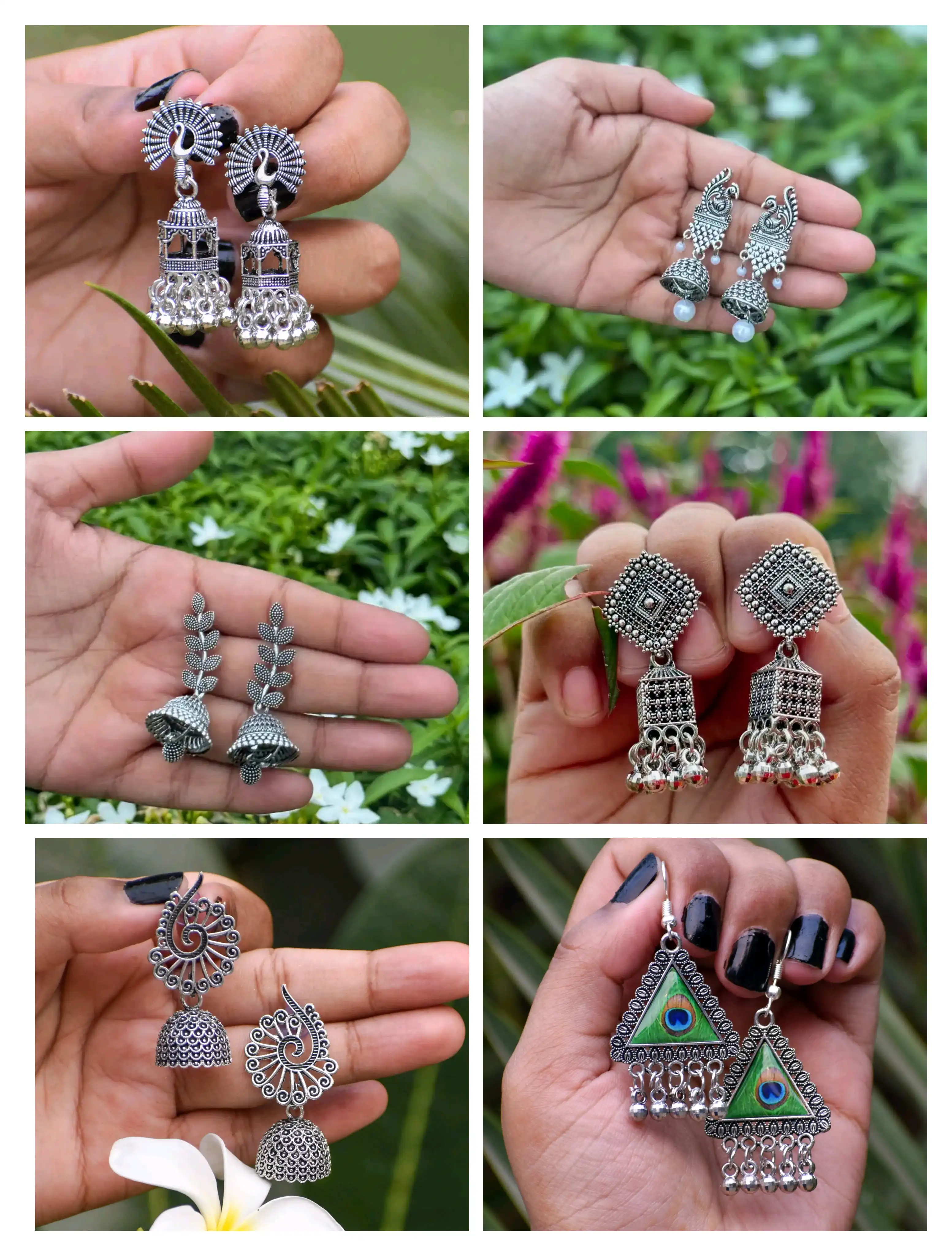 Set of 6| Valentines Day Gift Hamper| Traditional Indian Jhumka Earrings Set| Oxidised Silver-Plated| Ethnic Design Collection - Hover Image