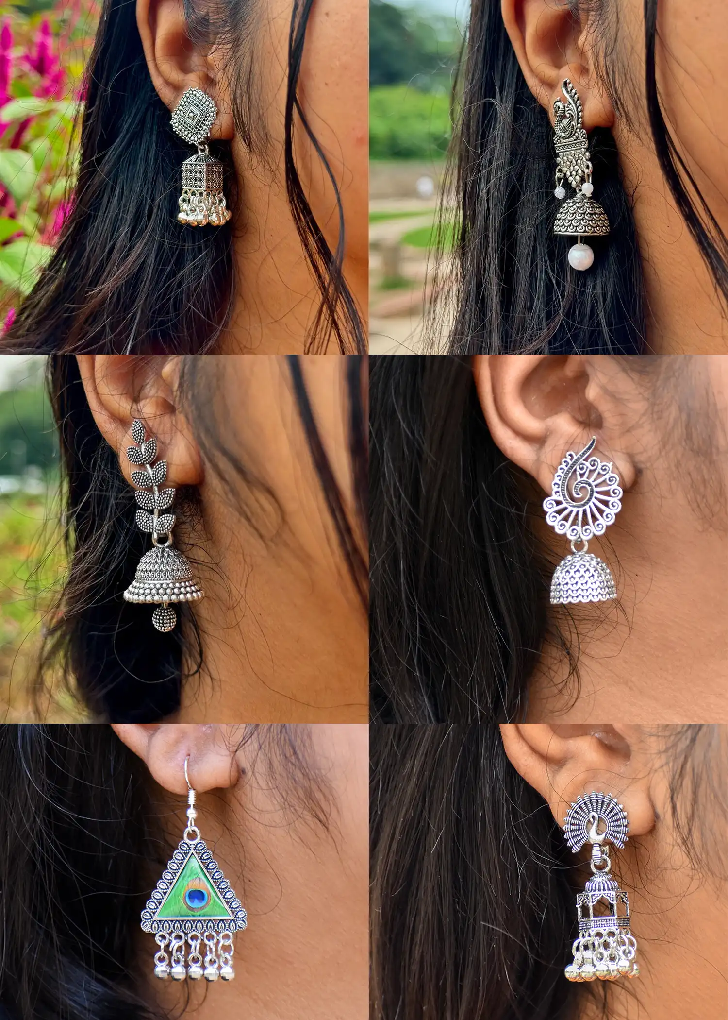 Set of 6| Valentines Day Gift Hamper| Traditional Indian Jhumka Earrings Set| Oxidised Silver-Plated| Ethnic Design Collection Image